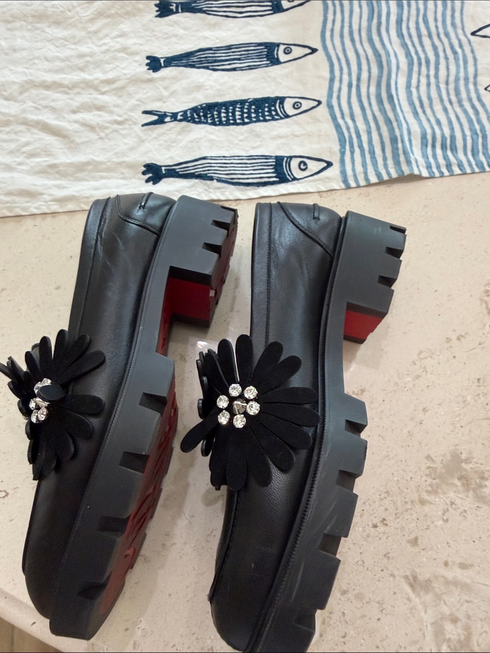 Christian Louboutin Black Floral Crystal-Embellished Loafer Flats - Picture 4 of 4